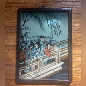 Antique Reverse Glass Painting Chinese Asian Women Fishing Circa 1880s